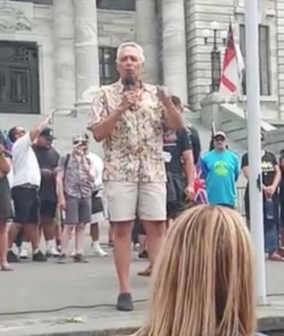 Dr Manny Garcia speaks at the Camp Freedom Protest in front of Parliament, Wellington